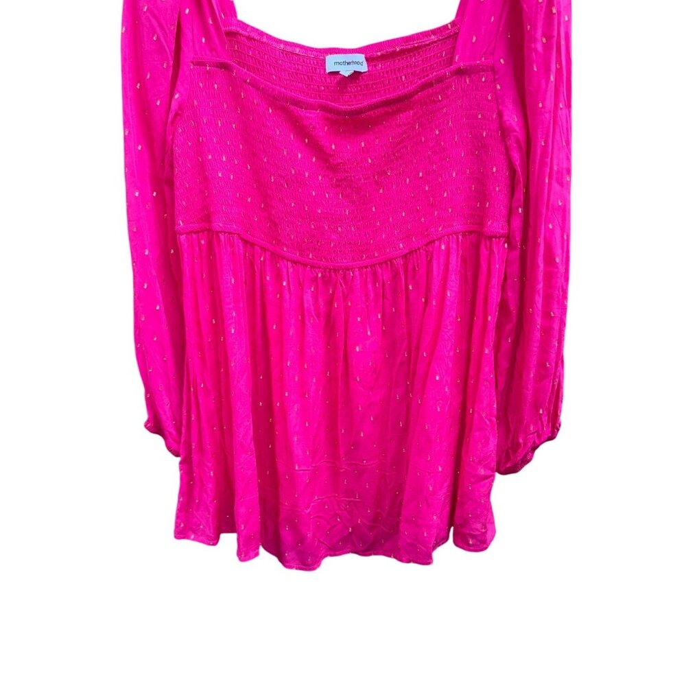 Motherhood Maternity Metallic Dot Smocked Boho Blouse In Vibrant Pink With Gold